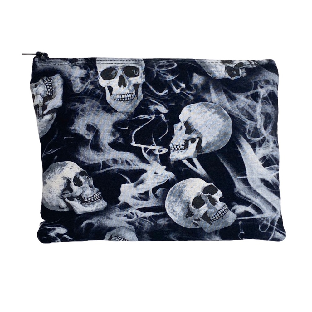 Handmade: Skull Printed Zip Top Makeup Bag ☻︎ Halloween ☻ Black + White ☻ - Picture 2 of 11